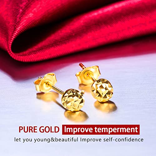 Solid 18K Gold Ball Stud Earrings For Women Real Gold, Dainty Diamond-Cut Yellow Bead Push Back Tiny Gift For Girls, Rose Gold With Certificate Fine Bride Jewelry Birthday Wedding Prom Party, 5Mm #TOP3