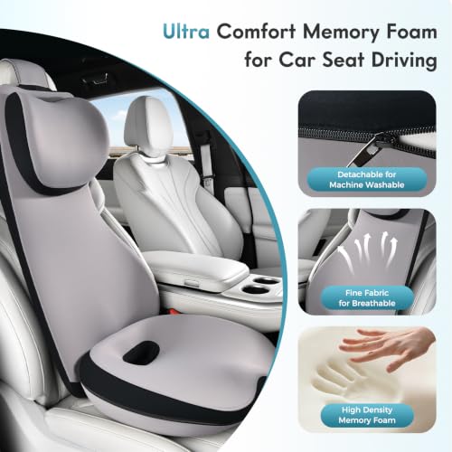 Image of FLORICH Memory Foam Car Seat Cushion and Lumbar Support Headrest Pillow, Ergonomic Breathable Back Support, Wider Design Adjustable Head Neck Pillow for Car Truck Seat Sciatica Tailbone Pain Relief