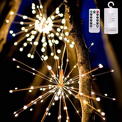 200 LED-Lichterkette, Feuerwerk, Kupfer-Lichterkette, warmweiß, batteriebetrieben mit Fernbedienung, 8 Modi, dimmbare Lichterkette, dekorative hängende Starburst-Lichter für Party Cover