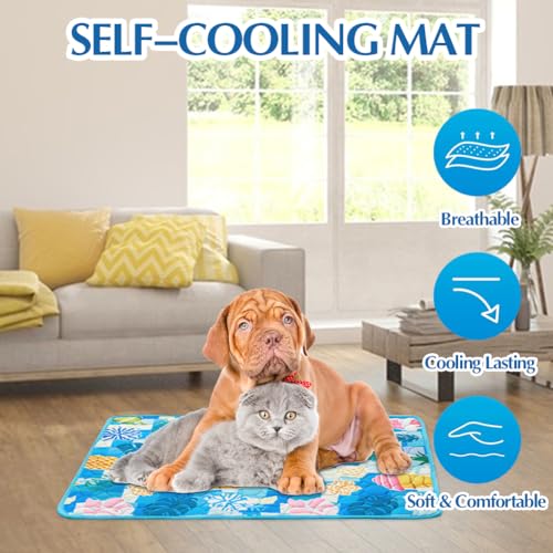 RANJIMA Kühlmatte für Hunde Groß, Selbstkühlend Hundematte 100 * 70cm Kühldecke für Hunde, Ungiftig Waschbar Hund Kühlkissen Hundekühlmatte XL für Drinnen, Draußen und Auto, Blau-01