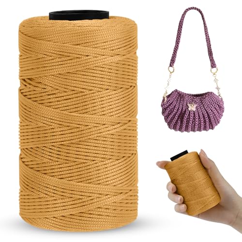 LEREATI Polyester Macrame Cord 1mm x 251yards Polyester Yarn for Crocheting Braided Polypropylene Cord Crochet Bag Cord Macrame Yarn for Crocheting, Handbag, Beading, DIY Crafts (Khaki Yellow)