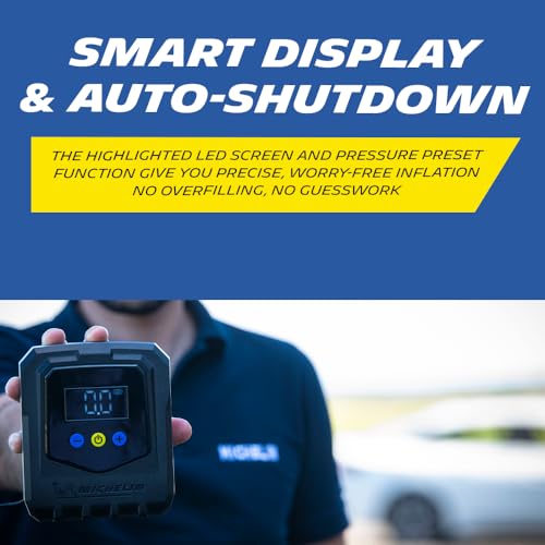 Image of MICHELIN 12V Programmable Digital Micro Tyre Inflator | High-Flow 20L /Min Air Pump with Maximum Pressure of 120 PSI, LED Display & Pre-Set Pressure Function, Auto Shut-Off, Quick Connect Hose