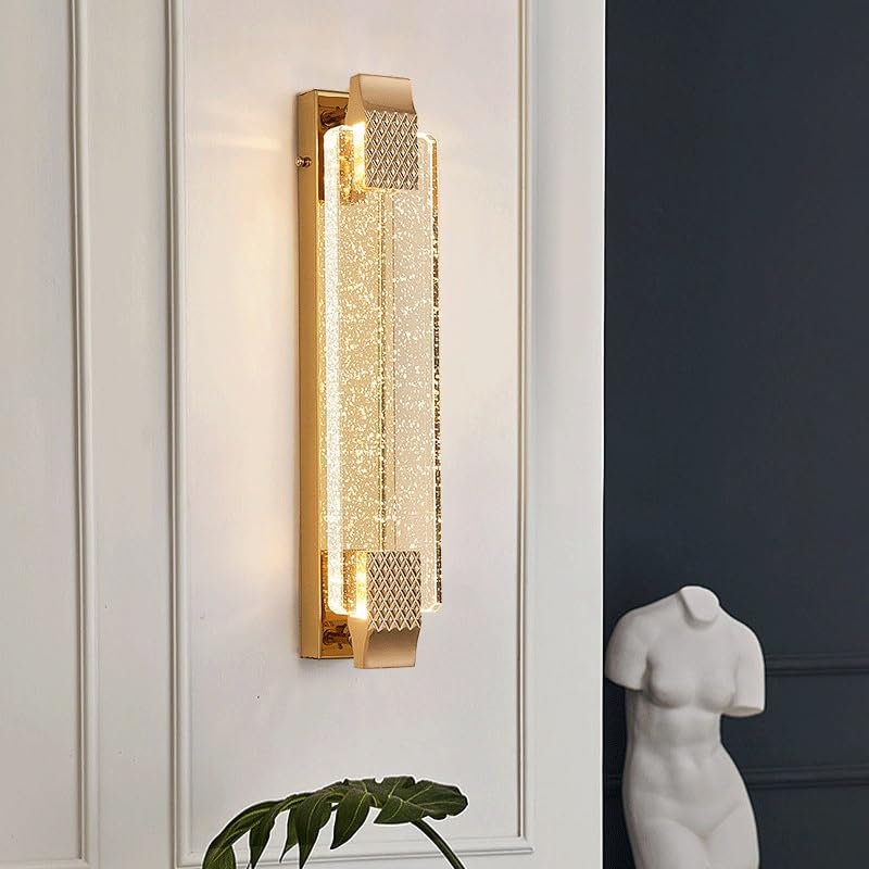 Gold LED Wall Sconce with Bubble Crystal Stick Wall Light Modern Bathroom Vanity Wall Lamp, Three-Color Dimmable,Exterior Flush Fixture,for Stairs Hotel Villa Cafe Office Courtyard(15.7in)