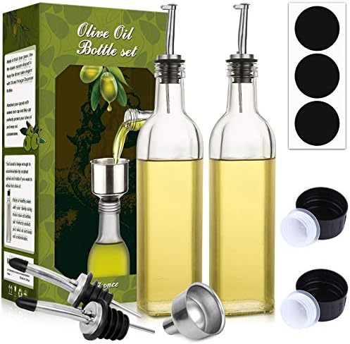 [2 PACK]AOZITA 17 oz Glass Olive Oil Dispenser Bottle Set - 500ml Clear Oil & Vinegar Cruet Bottle with Pourers, Funnel and Labels - Olive Oil Carafe Decanter for Kitchen