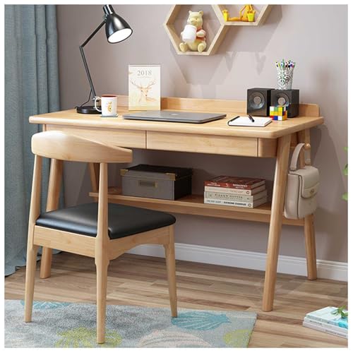 Ldhpaxl Solid Wood Desk with Chair and 2 Storage Drawers, Home Office Study Writing Desk, Home Office Desk for Working & Learning