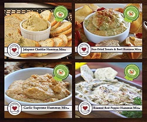 Country Home Creations Premium Gourmet Hummus Mix Collection - 4 Flavors (Garlic Supreme, Jalapeno Cheddar, Roasted Red Pepper, Sun-Dried Tomato & Basil