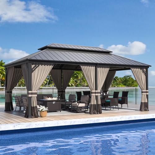 ALAULM 12x20 Hardtop Gazebo Outdoor Double Roof Canopy with Netting and Curtains Galvanized Metal Frame Sunshade for Patio Backyard Deck and Lawns-Sand