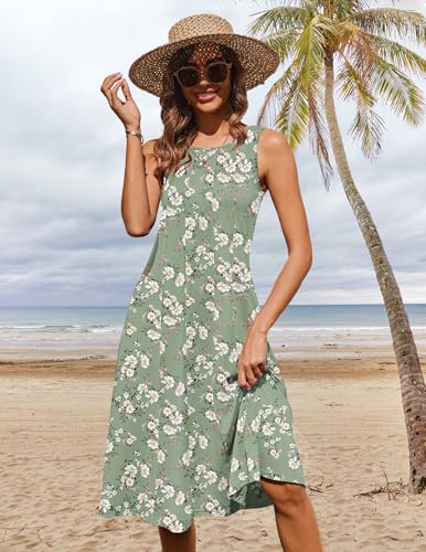 Image of HOTOUCH Summer Casual Dresses for Women Sleeveless Midi Dress Swing Tank Sundress Pleated Tshirt Dress with Pockets