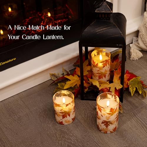 Image of Fall Flameless Candles with Remote, Autumn Maple Leaf Battery Candles | Set of 3 LED Glass Candles with Timer Battery Powered Pillar Candles Thanksgiving Decor Electric Fake Candles Mantel