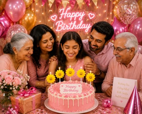 Image of Smiley Flower Birthday Candles for Cake Decoration, Pack of 5, flower Shape Decorative Cake Candles, Natural Wax Party Candles for Birthday, Anniversary, Baby Shower & Celebration (YELLOW)