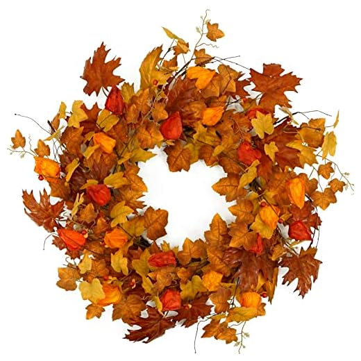 23+ Charming Fall Door Decorations to Welcome the Season 2 22 inch Artificial Fall Wreath Maple Leaf Wreath with Cape Gooseberry for Front Door Indoor Outdoor Farmhouse Home Wall Window Festival Wedding Decor