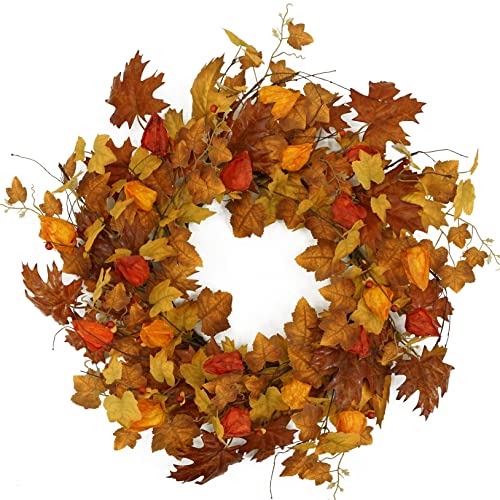 22 inch Artificial Fall Wreath Maple Leaf Wreath with Cape Gooseb...