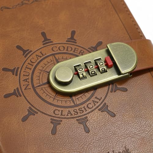 Image of A5 Secret Diary with 3 Digit Combination Lock Premium PU Leather Journal Personal Locked Notebook for Office School Gifts 22x15 cm Nautical