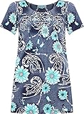 H&F Girls ® New Women Ladies Plus Size Short Sleeves Stretch Round Scoop Neckline Floral Print Long Smock Tunic T-Shirt Top Size UK 14 16 18 20 22-24 26-28 (Denim Floral Turquiose, 26-28)