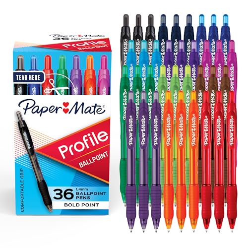 Image of Paper Mate Profile Retractable Ballpoint Pens, Bold Point (1.4mm), 12 Assorted Colors, 36 Count - Classroom, Teacher, Colorful Office Supplies, Large Pack