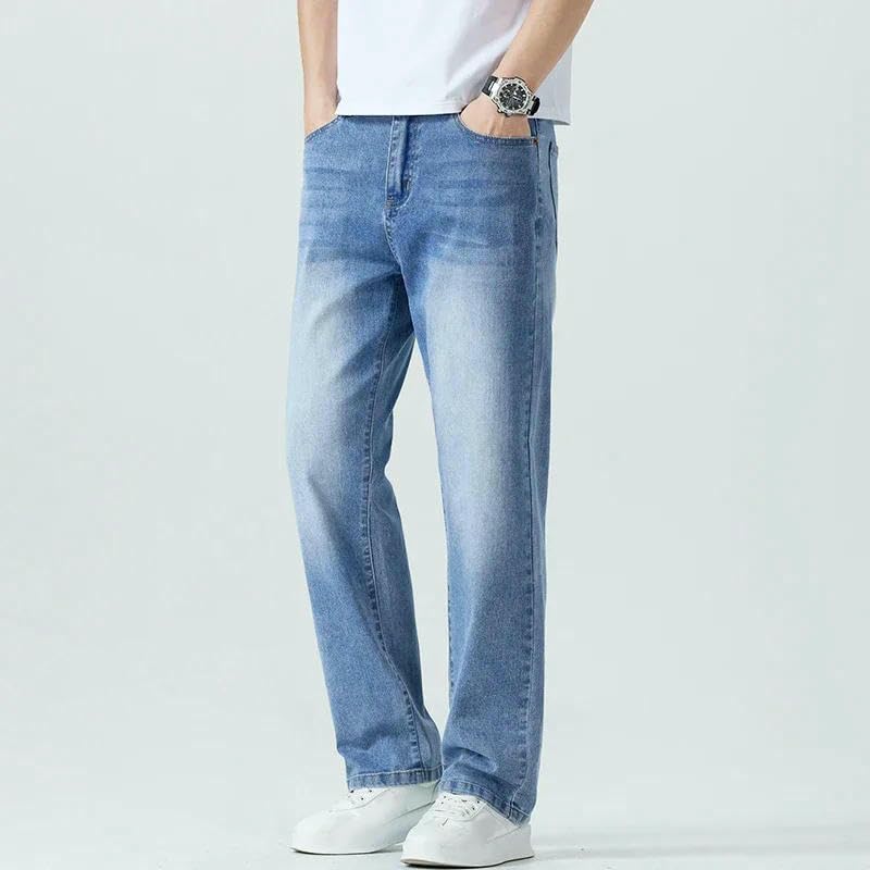 Men's Straight Jeans Summer Thin Solid Color Washing Blue Business Casual Trousers Male Brand Loose Denim Pants3