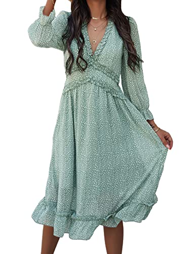Floerns Damen All Over Print V Ausschnitt Langarm Rüschen Saum Boho Midikleid, mintgrün, Groß Cover