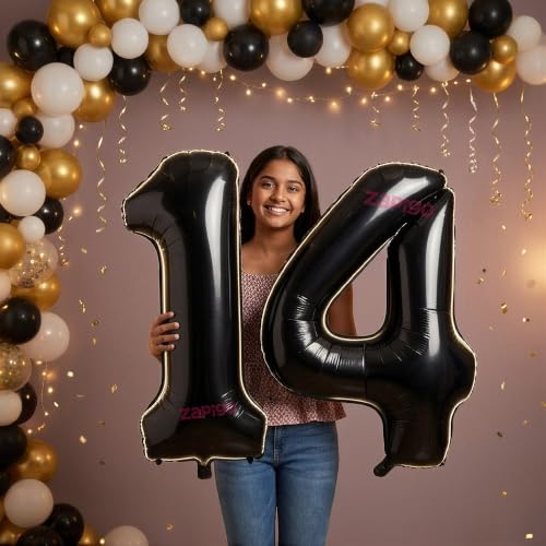 Image of Balloonistics Black 40-Inch Foil Number 14 Balloon - Helium or Air Fill for 14th Birthday, Anniversary Party Decoration, Photo Booth Backdrop, Cake Table Decor