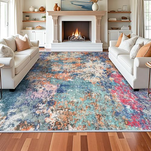 Washable 12x15 Area Rug Abstract - Large Soft Rugs for Living Room Modern Colorful Indoor Mat Non Slip Low Pile Carpet for Bedroom Stain Resistant Thin Floor Mats for Dining Room 12x15 Colorful/Multi