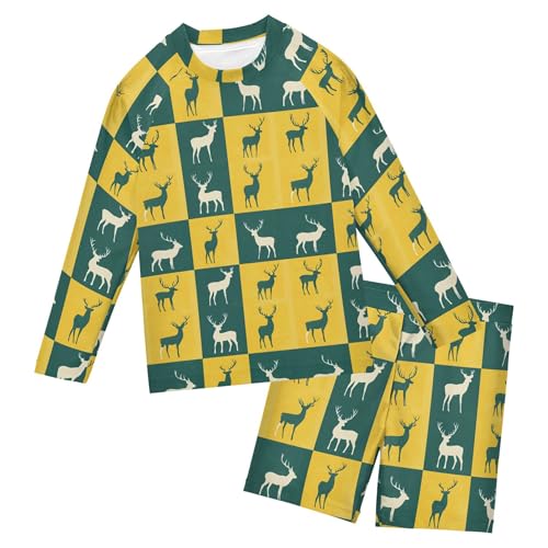 Elk Yellow Green Plaid Baby Boys' Toddler Long Sleeved Rashguard Swim Bathing Suit Set B0404848