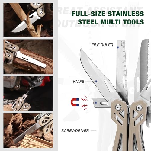 Image of MOSSY OAK Multitool, 22-in-1 Stainless Steel Pliers with Screwdriver Sleeve, Desert Steel Handle, Self-locking Knife with Sheath-Perfect for Outdoor, Survival, Camping, Hiking, Simple Repair