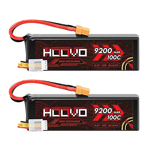HOOVO 4S Lipo Battery 9200mAh 14.8V 100C with XT90 Plug Metal Plates Soft Case for RC Truck Truggy Buggy Tank RC Car Racing Hobby (2 Pack)