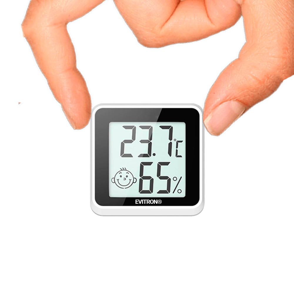 1 x Mini termómetro higrómetro digital para interior – Medidor de temperatura y humedad – Indicador de confort y emoticonos – Se puede colocar o pegar – para salón, oficina, habitación de bebé y más