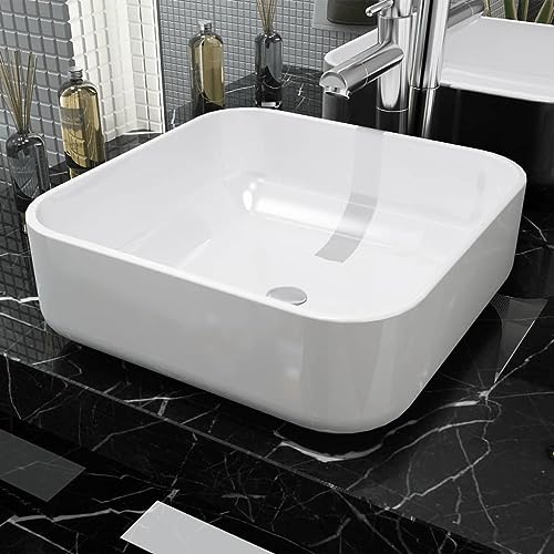 Lavabo da Appoggio Quadrato, Ceramica Bianca Smaltata con Design Moderno, Lavabo Bagno Sottopiano, 39 x 39 x 13.5 cm