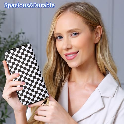 Checkered Wallets for Women Cute Large Capacity Black White Plaid Purse 2 Zippers Credit Card Holder (checkered)2