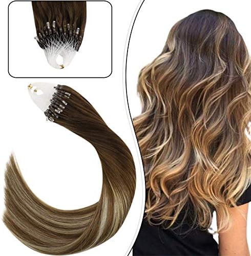 Ugeat Micro Ring Hair Extensions Human Hair Pre Bonded Hair Extensions Colorful Hair Extensions for Girls #4/6/613 Micro Beads Hair Extensions Human Hair 1g/1s 50g/50strands 14 Inch