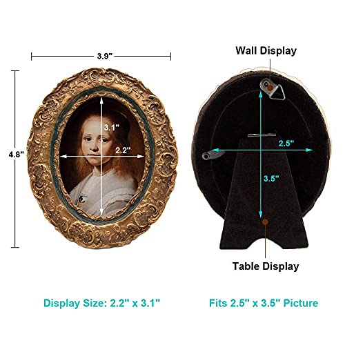 Sylvia's Shop Small Antique 2.5 X 3.5 Oval Picture Frame, Mini Vintage Ornate Photo Frame, Table Top And Wall Hanging Home Decor, Old Fashioned Photo Gallery Art Deco, Bronze Gold And Navy Blue #TOP2