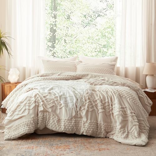 Image of Luxudecor Beige Tufted Comforter Set Queen Size 3 Pieces Boho Shabby Chic Comforter Farmhouse Embroidery Bedding Set Soft Comforter for All Seasons (Beige, 90''x90'')