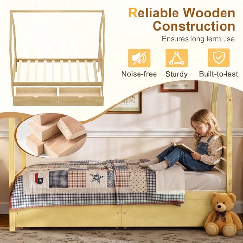 Image of Twin Size House-Shape Platform Bed with Headboard and 2 Storage Drawers, Montessori Wood Bed Frame with Roof and Chimney Design, No Box Spring Needed, Easy Assembly (Natural-06, Twin)
