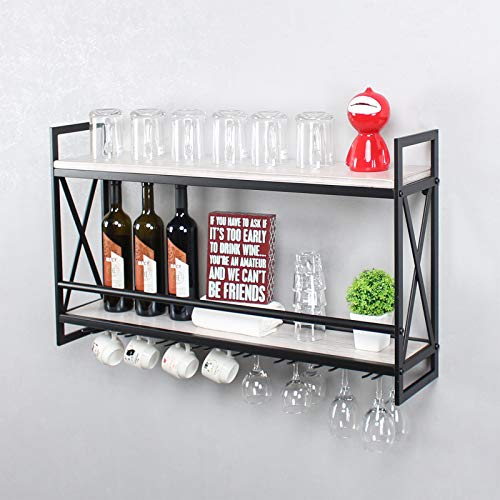 MBQQ Rustic Wall Mounted Wine Racks with 8 Stem Glass Holder,36in Industrial Metal Hanging Wine Rack,2-Tiers Wood Shelf Floating Shelves,Home Room Living Room Kitchen Decor Display Rack,Retro White