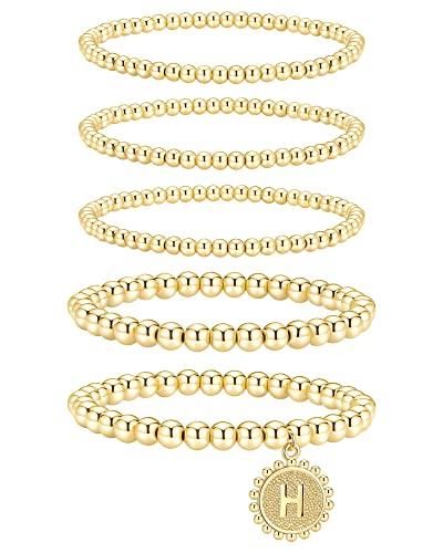 adoyi Gold Bracelets for Women, Gold Chain Bracelet Sets 14K Gold Initial Beaded Bracelets Adjustable Stretch Stackable Layered H Bracelet Set for Women Teen Girls Jewelry Gifts