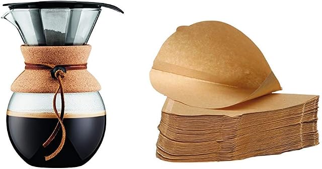 BODUM 11571 109 1L Pour Over Coffee Maker with Permanent Filter, Layered, Transparent, 14 x 16.3 x 20.2 cm & Pack of 100 - Unbleached Coffee Papers - Size Four (4)