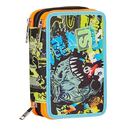 SJ Gang STYLE JAM GANG Astuccio Scuola 3 Zip, Nero, Verde, RexMe, Portapenne Triplo Scomparto Completo Di Penne, Matite, Colori, Accessori Zaino, Elementari, Medie, Bambino