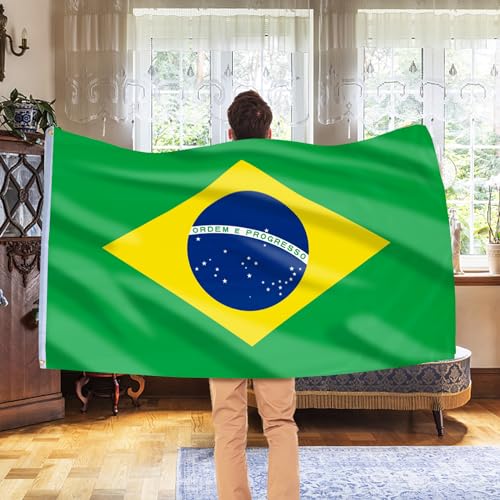 Image of AhfuLife 2 Pcs Brazil Flag 3x5 Ft, Large Brazilian Flags for Outside - Double Side with Brass Eyelets for Olympic Party Decorations, Soccer Party Bar Garden Street Decoration Indoor Outdoor