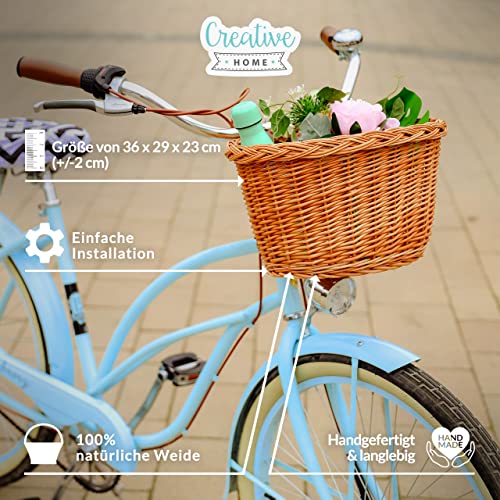 Creative Home Weide Fahrradkorb Universal | 36 x 29 x 23 cm (+/-2 cm) Leicht | Natürlich Braun Weide Fahrrad Korb | Weidenkorb mit Lederbänden | Montierbarer Fahrradkorb für Lenker | Fahrradzubehör