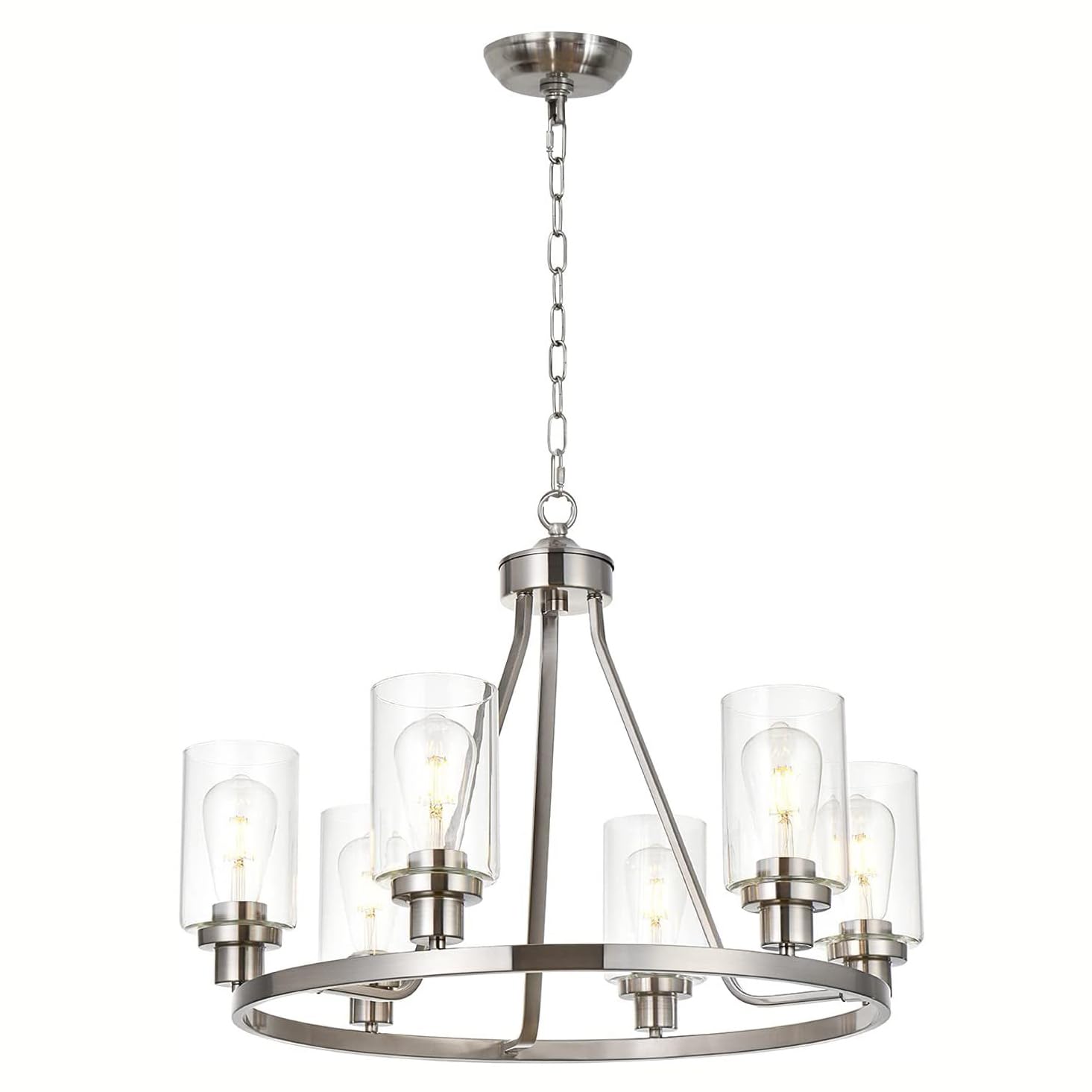 Lustre rond à 6 lumières en nickel brossé et verre argenté
