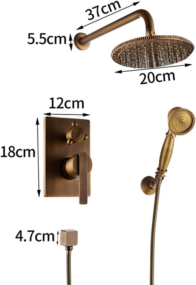 Shower Faucets Set, 8" Brass Carved Head Kit, 2-Way Mixer Tap Bath Faucet, Concealed Antique