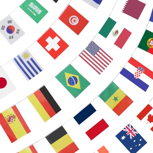 Anley 2026 Weltmeisterschaft 48 Länder Schnurflagge, Internationale Wimpelgirlande, Dekoration für große Eröffnungen, Sportbars, Party-Events - 46 Fuß, 48 Flaggen