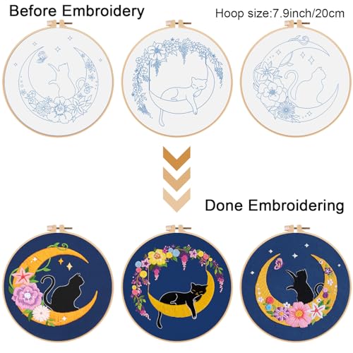 Image of Louise Maelys 3 Sets Cat Moon Embroidery Kits for Beginners with Floral Pattern, Cross Stitch Kit for Adults, DIY Needlepoint for Starter