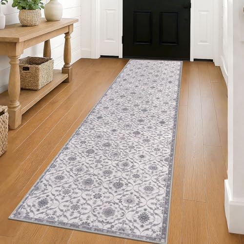 KILOCOCO 2x8 Runner Rug, Moroccan Super Soft Washable Hallway Entryway Runner Rug, Accent Print Faux Wool Kitchen Runner Rug 8 Feet Non-Slip Boho Rug Runner for Laundry Room Bedroom, Grey