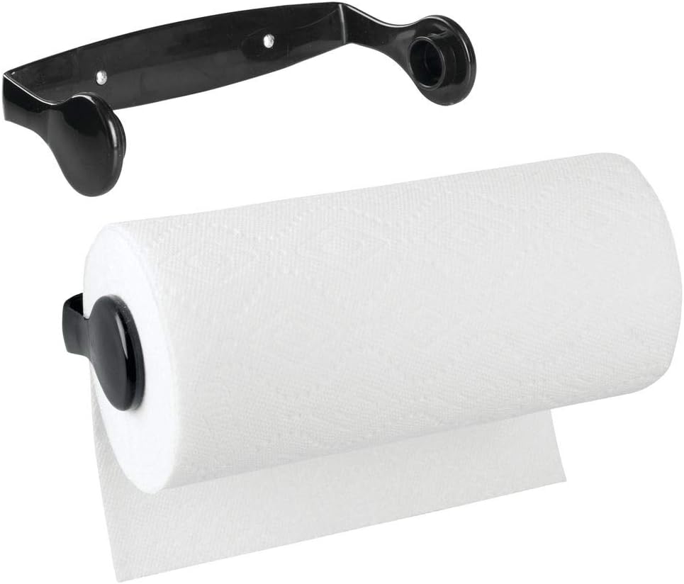 mDesign Plastic Wall Mount Paper Towel Holder & Dispenser, Mounts to Walls or Under Cabinets - for Kitchen, Pantry, Utility Room, Laundry and Garage Storage - Holds Jumbo Rolls - 2 Pack - Black