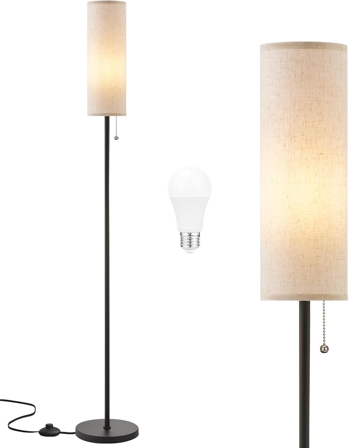 Ambimall 64&amp;#39;&amp;#39; Floor Lamp for Living Room with Bulb - Tall Lamps with Beige Lampshade &amp; Pull Chain Switch, Pole Lamps for Bedrooms Tall, Minimalist Floor Lamp