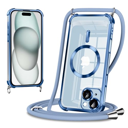 Coiwxmoi handyband Handyhülle für iPhone 15 Hülle Magnetisch mit Band 6.1",Durchsichtig Ultra Dünn TPU Silikon Case mit Kordel zum Umhängen Abnehmbar Kratzfeste Stoßfest Schutzhülle,Blau