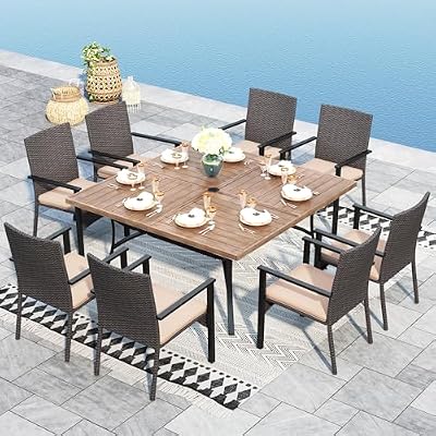 Sophia & William 9 Pieces Patio Dining Set for 8, Square Outdoor Table with Umbrella Hole, 8 Rattan Chairs with Cushions, Large Patio Table and Chairs Set
