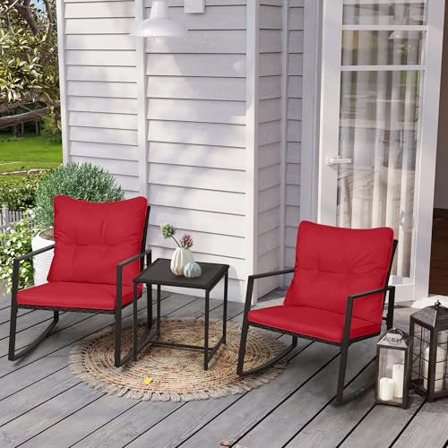 SUNCROWN 3 Piece Outdoor Rocking Bistro Set Black Wicker Furniture Porch Chairs Conversation Sets with Glass Coffee Table, Red