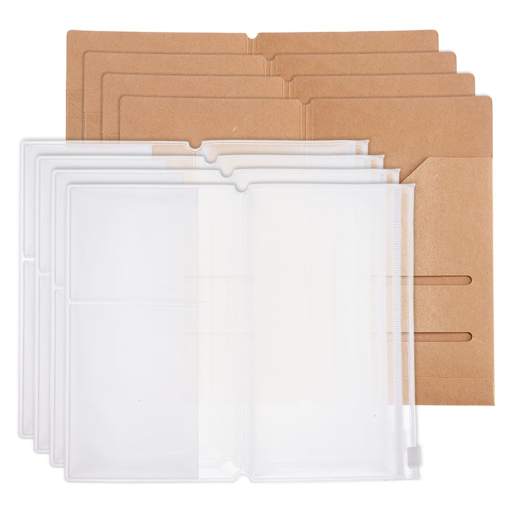 SUPERFINDINGS 4 Sets Kraft Folder Insert Kraft Paper Card Holder with PVC Zipper Pouch Travelers Notebook Refill for Refillable Travel Journals Notebook Accessories